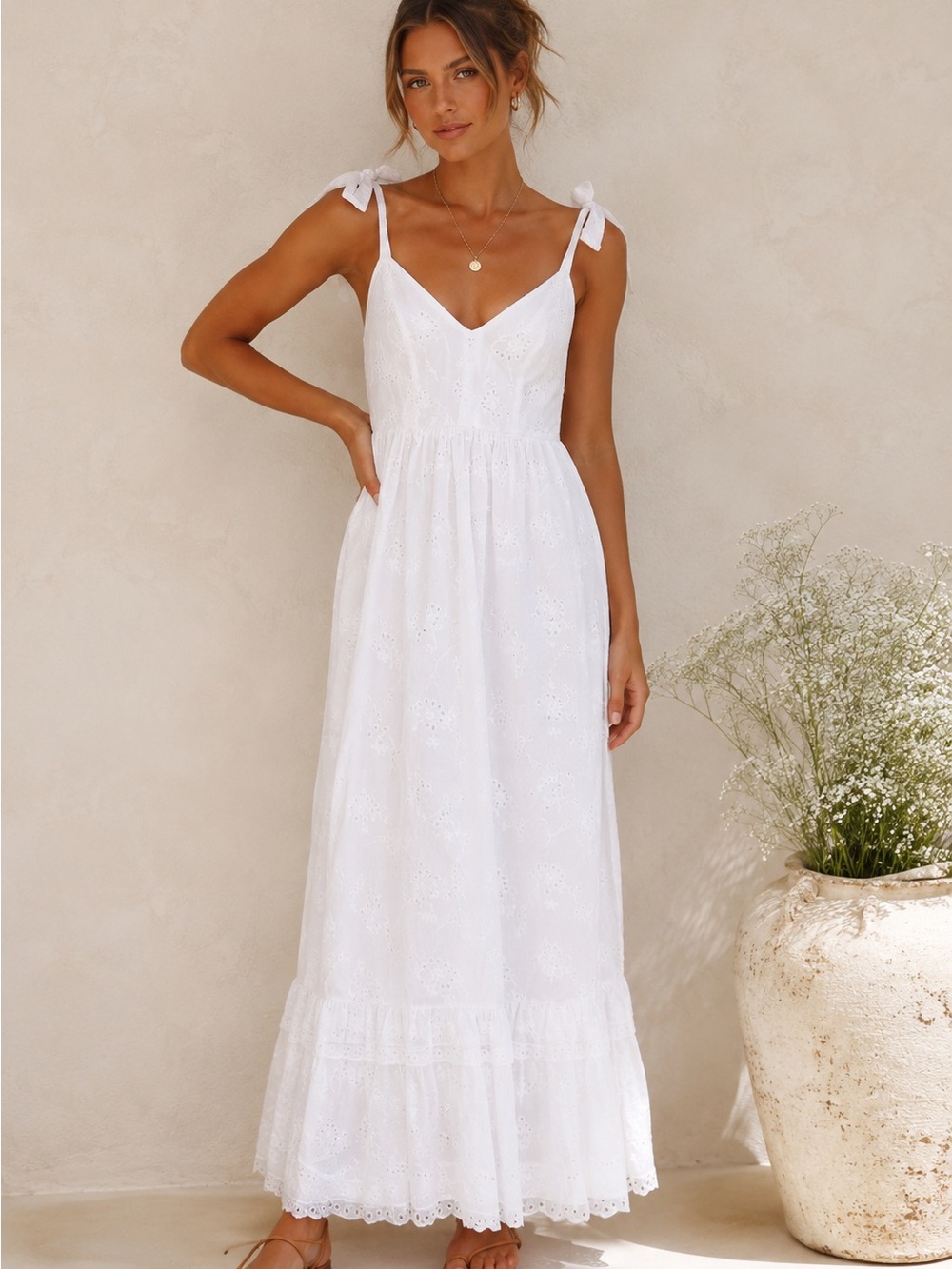 Taylor White Eyelet Tie Strap Maxi Dress Size 2 Cottagecore Boho